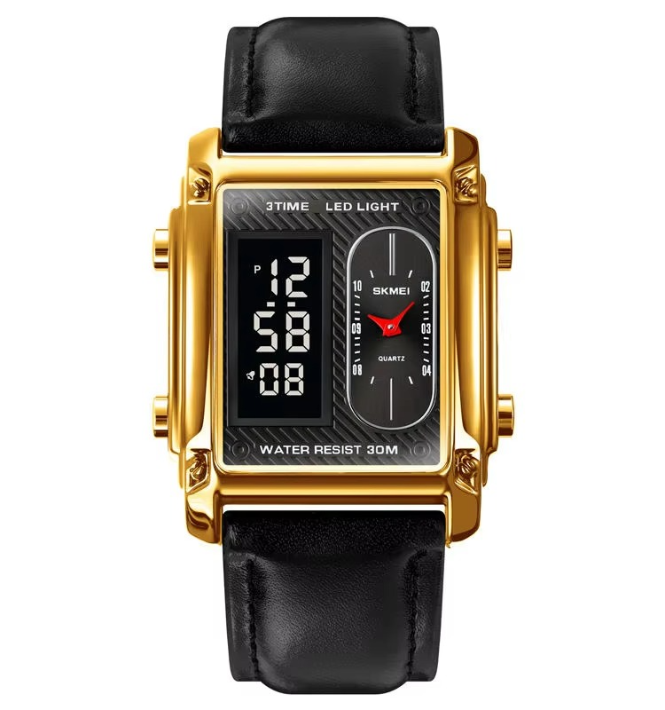 Original SKMEI 1868 Men’s Luxury Sport Watch – Dual Digital-Analog Display with Gold Case & Black Leather Strap