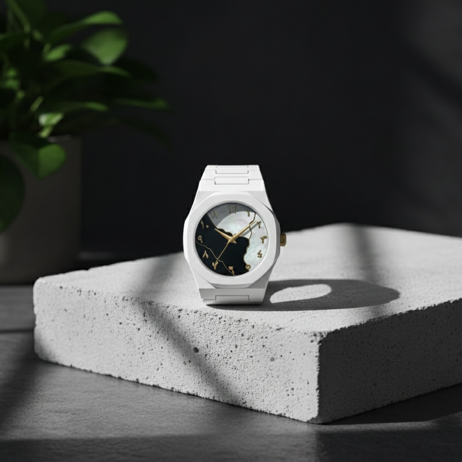 SABR Aura "Moonlight" Edition – Elegant White Fiber Watch with Arabic Dial